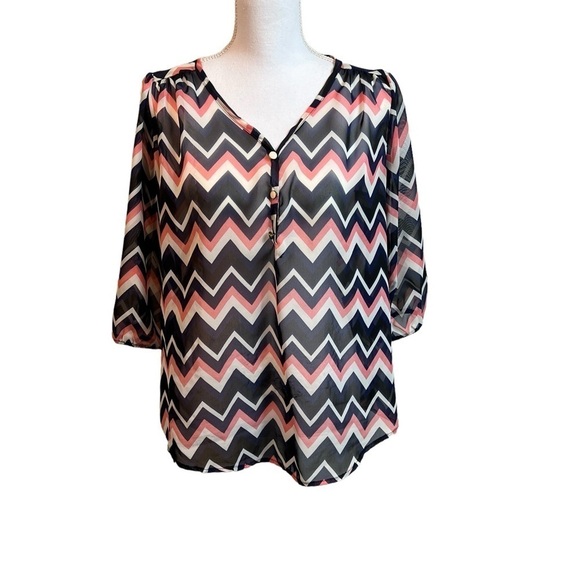 Living Doll Blouse Semi Sheer Women's Large Chevron Pattern 3/4 Sleeves V-Neck - Picture 1 of 10